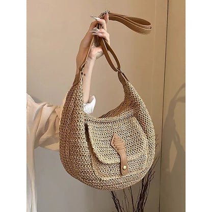 Dames Handgemaakte Geweven Stro Zadeltas Schoudertas met Grote Capaciteit – Boheemse Crossbody Tas met Voorvak, Zomerse Strandtas, Casual Reistas voor Vakantie, Winkelen en Dagelijks Gebruik
