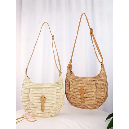 Dames Handgemaakte Geweven Stro Zadeltas Schoudertas met Grote Capaciteit – Boheemse Crossbody Tas met Voorvak, Zomerse Strandtas, Casual Reistas voor Vakantie, Winkelen en Dagelijks Gebruik