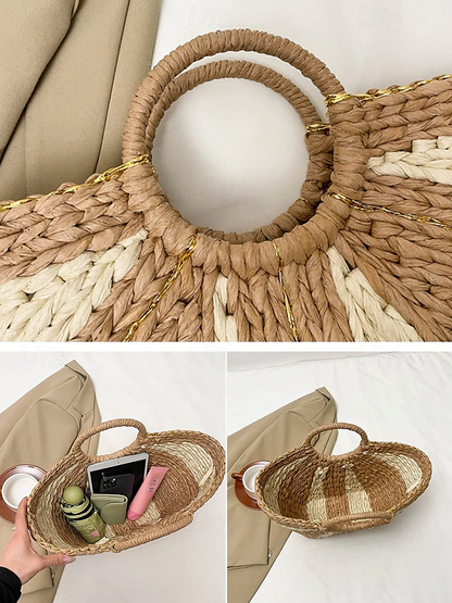 Dames Stijlvolle Geweven Stro Strandtas met Ronde Handvatten, Grote Capaciteit, Milieuvriendelijk Boho Design, Perfect voor Zomer, Vakanties en Dagtochten