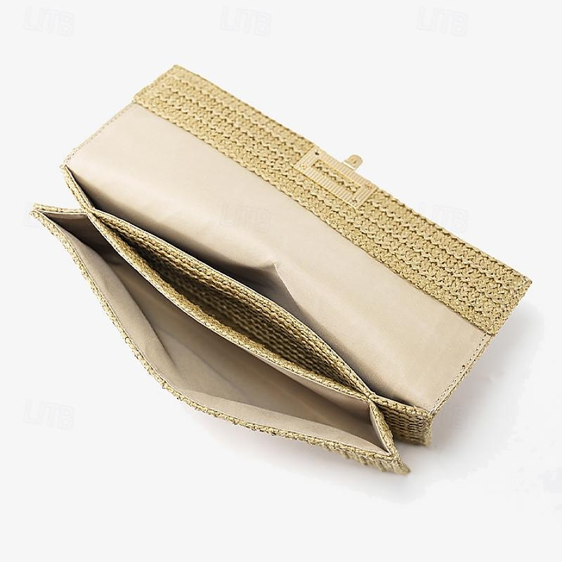 Dames Elegante Gouden Stro Clutch met Designer-Stijl Sluiting – Perfect voor Avondevenementen