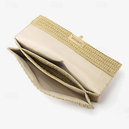 Dames Elegante Gouden Stro Clutch met Designer-Stijl Sluiting – Perfect voor Avondevenementen