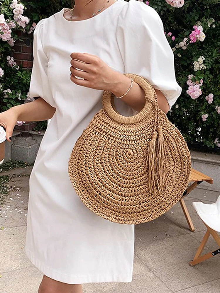 Dames Handgemaakte Ronde Geweven Stro Tote Tas met Grote Capaciteit – Bohemien Strandtas met Kwastjes, Zomervakantie Rieten Tas voor Reizen, Winkelen en Vakantie, Bruin Beige